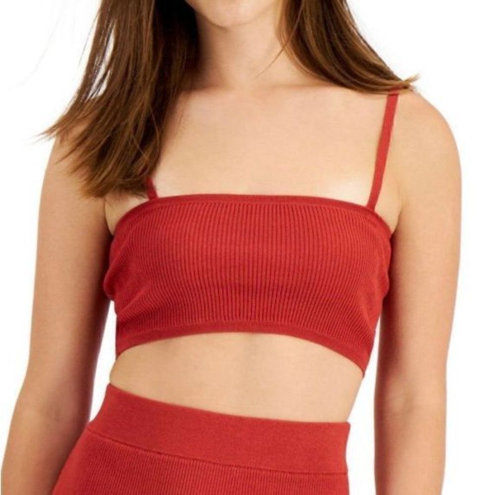 Bar III Stretch Ribbed Crop Spaghetti Strap Square Neck Tank Top Retro Orange LG
